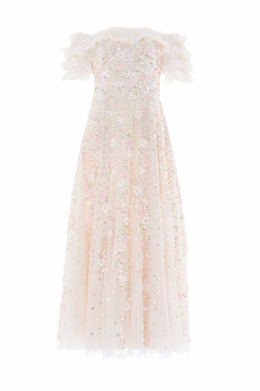 Confetti Ruffle Off-Shoulder Ankle Gown