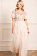 Flowerbed Embroidery Bodice Round Neck Ankle Gown
