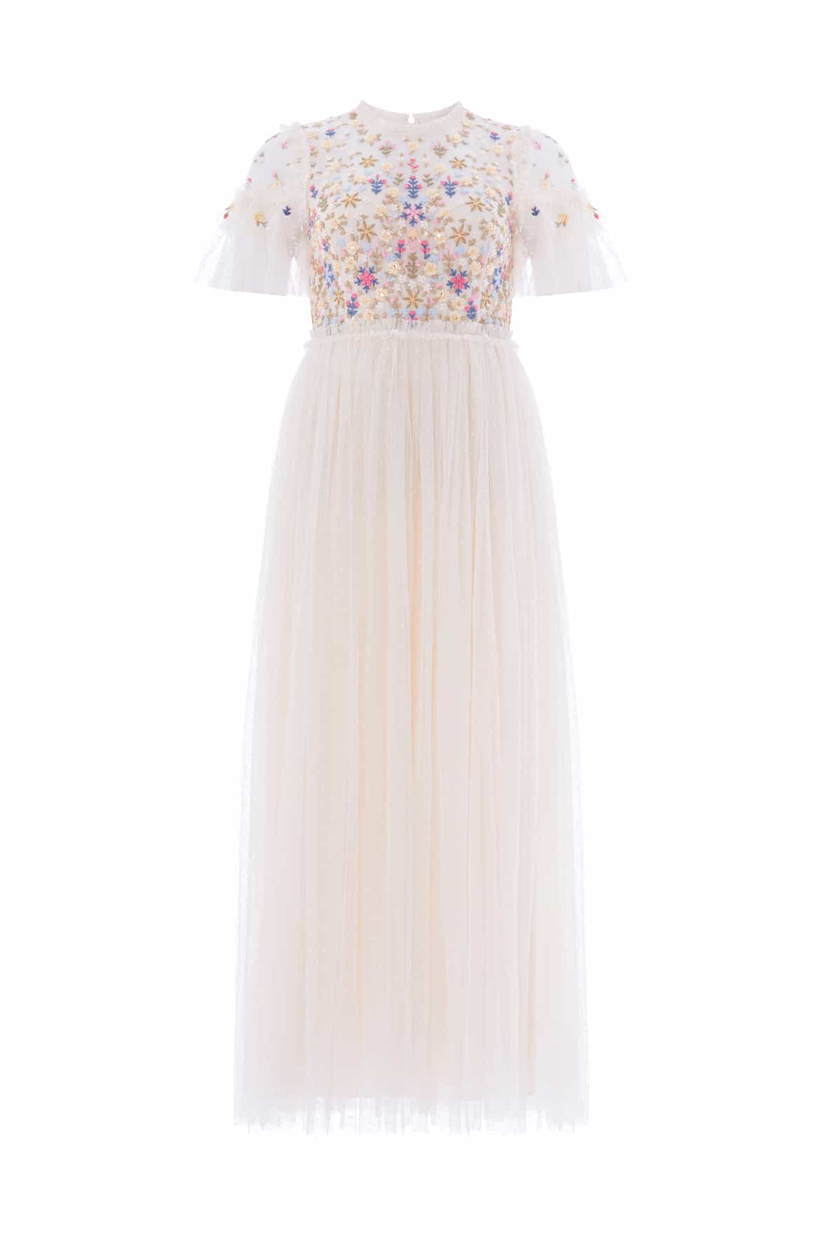 Flowerbed Embroidery Bodice Round Neck Ankle Gown