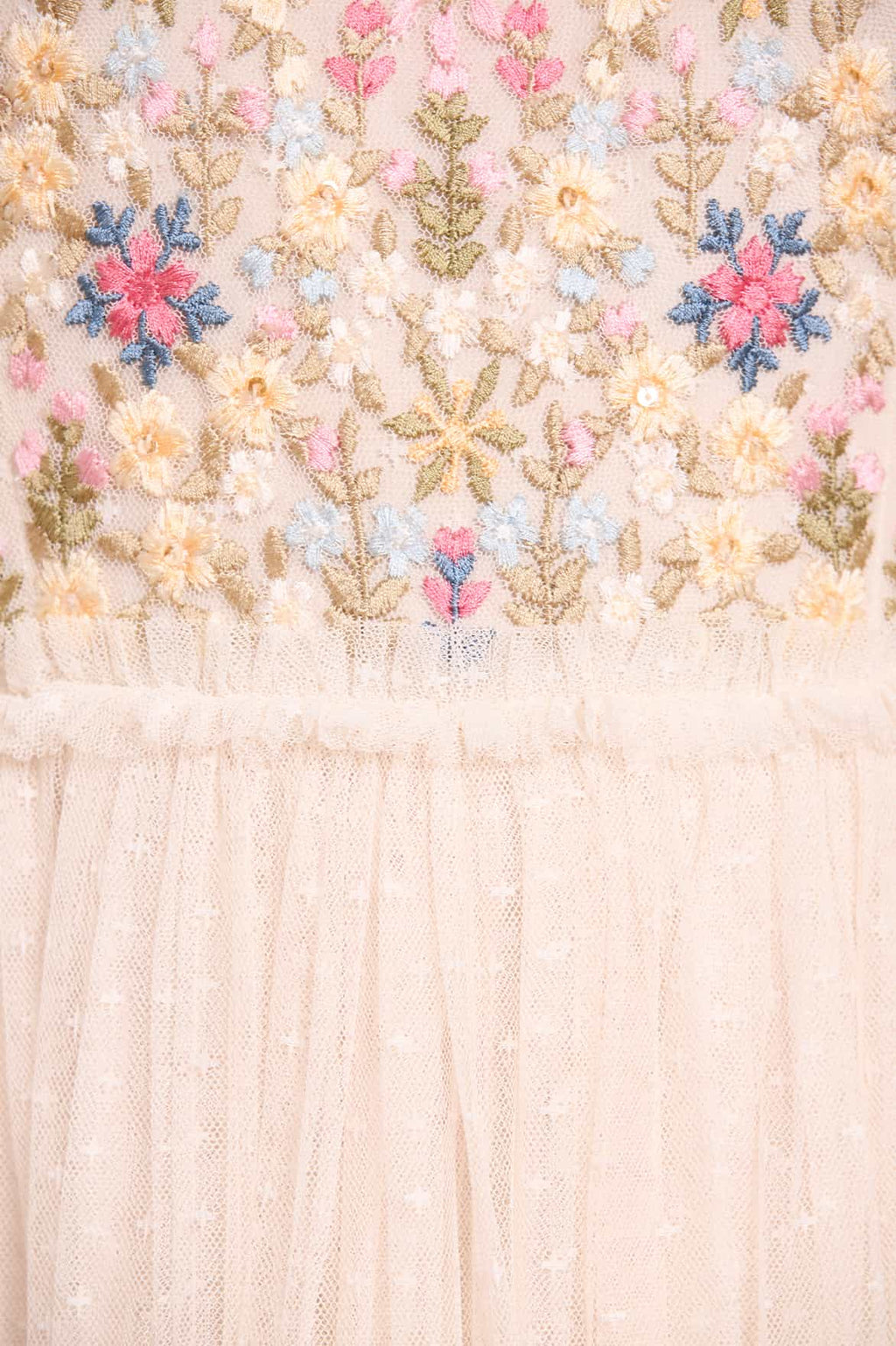 Flowerbed Embroidery Bodice Round Neck Ankle Gown