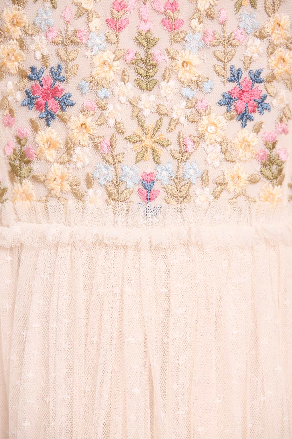 Flowerbed Embroidery Bodice Round Neck Ankle Gown