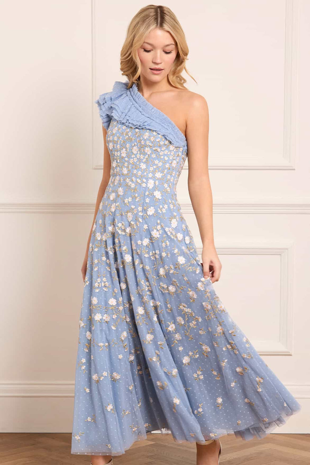 Lea Ditsy One-Shoulder Ankle Gown