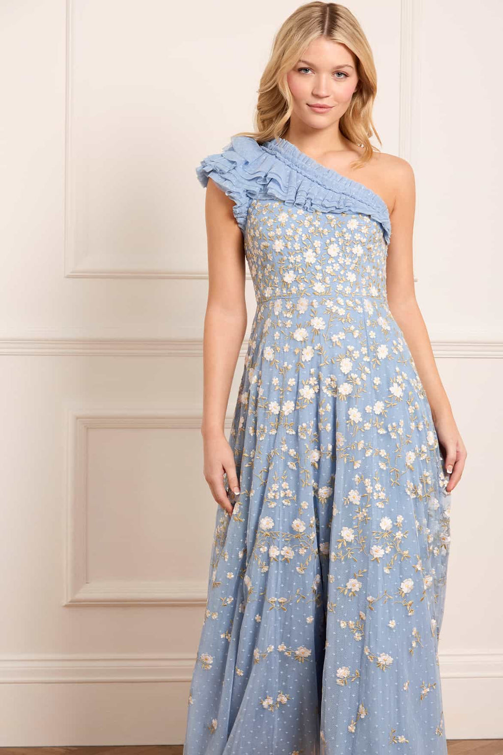 Lea Ditsy One-Shoulder Ankle Gown