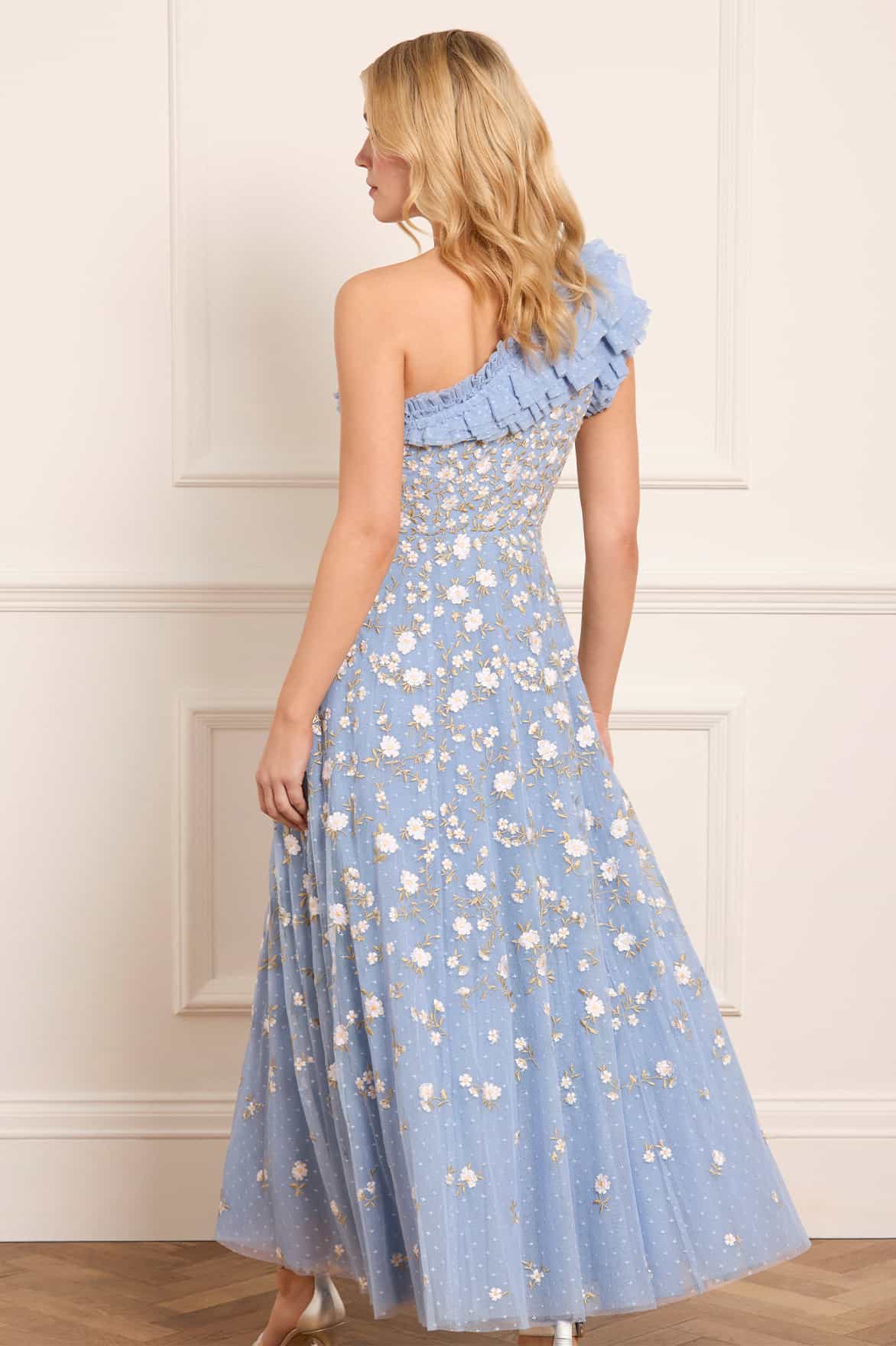 Lea Ditsy One-Shoulder Ankle Gown