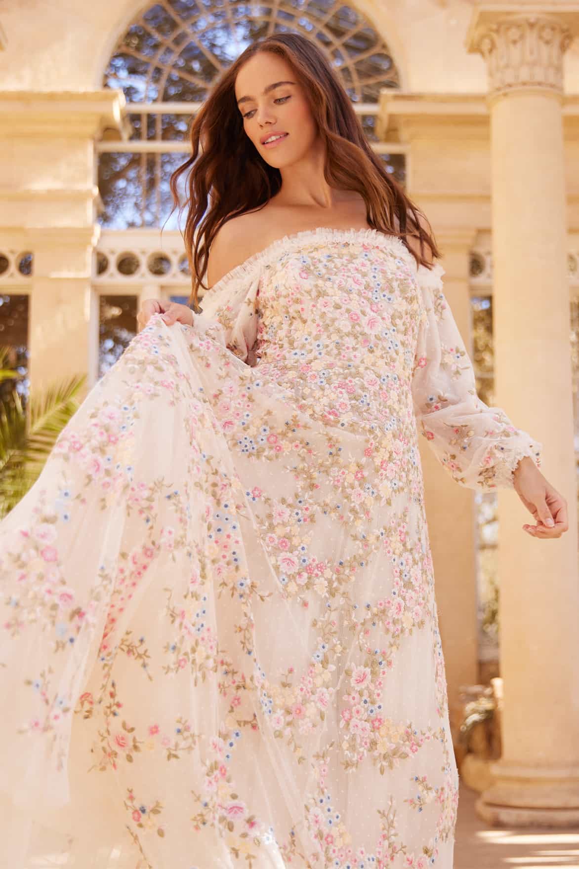 Lunaria Wreath Off-Shoulder Long Sleeve Gown