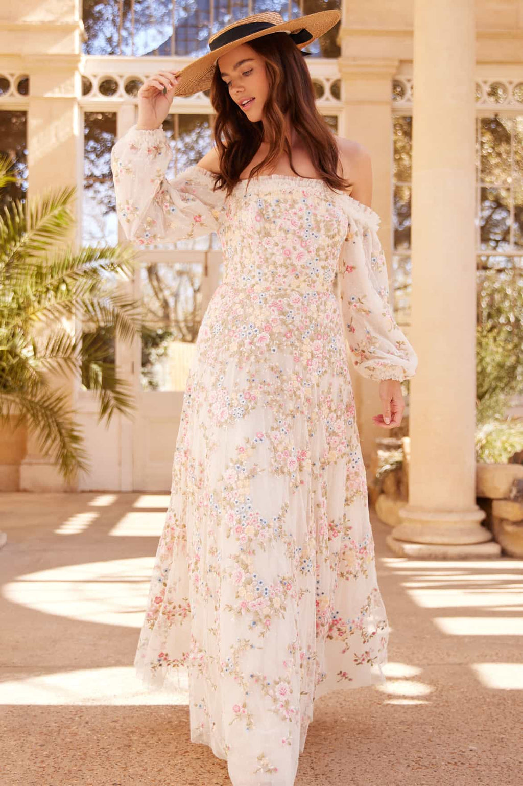 Lunaria Wreath Off-Shoulder Long Sleeve Gown