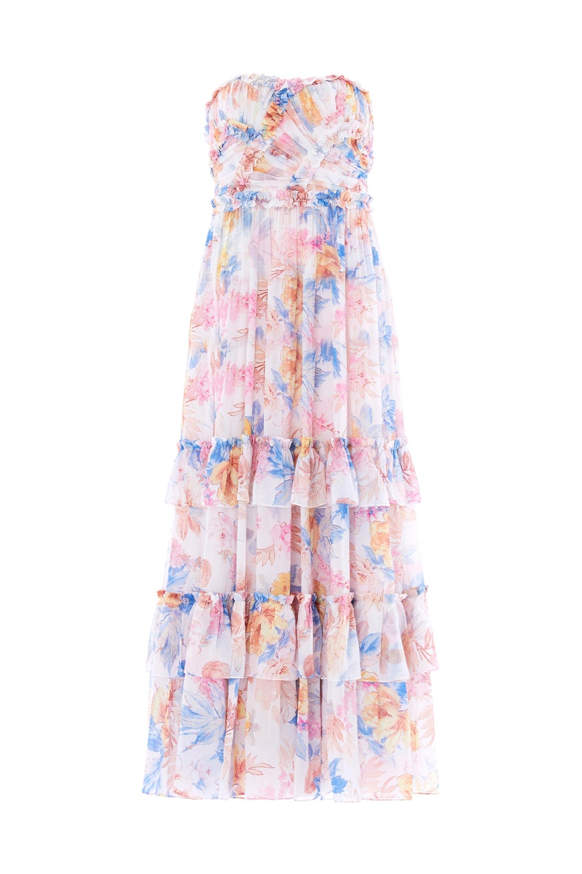 Mariannes Floral Chiffon Strapless Ankle Gown