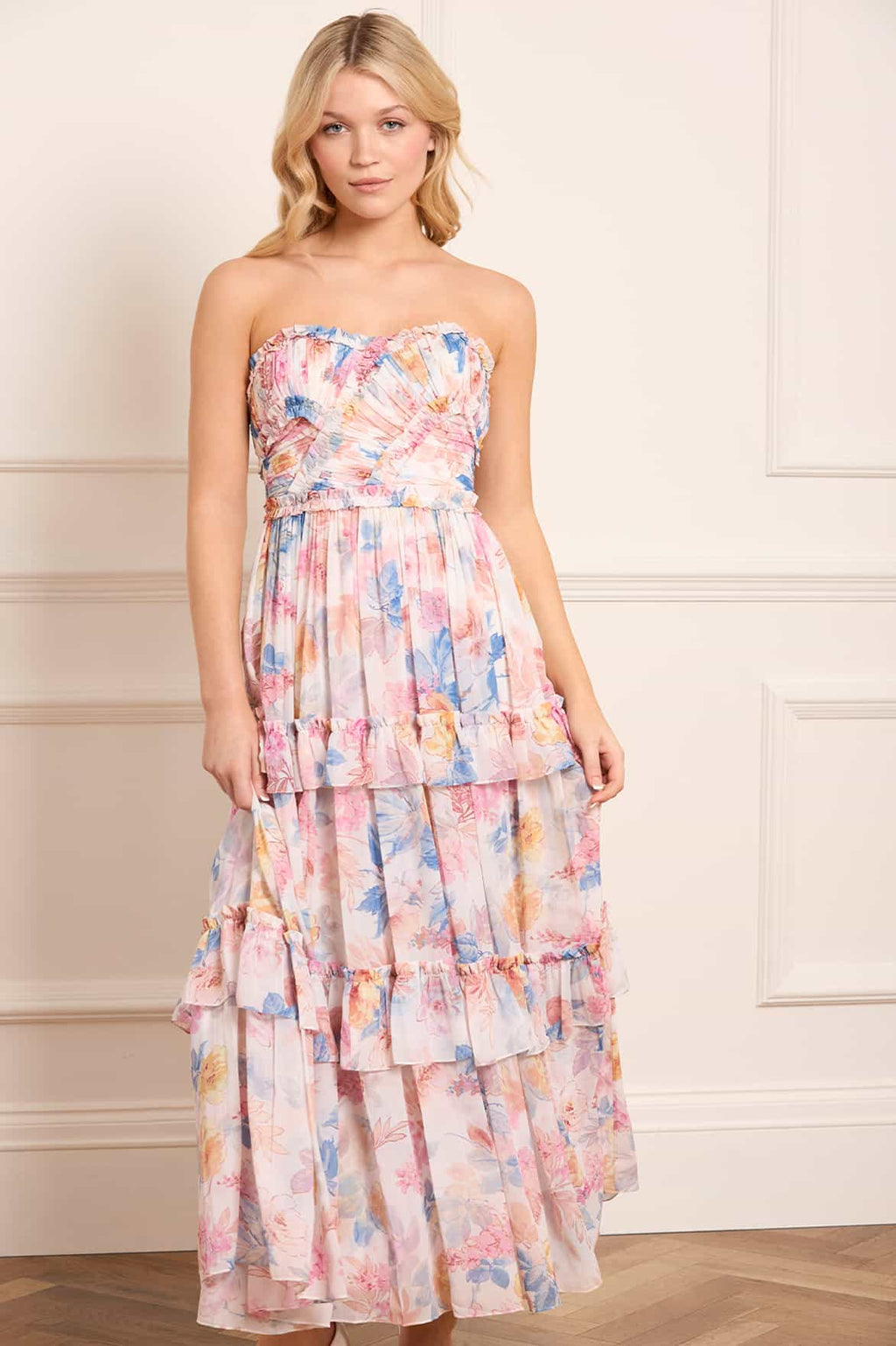 Mariannes Floral Chiffon Strapless Ankle Gown