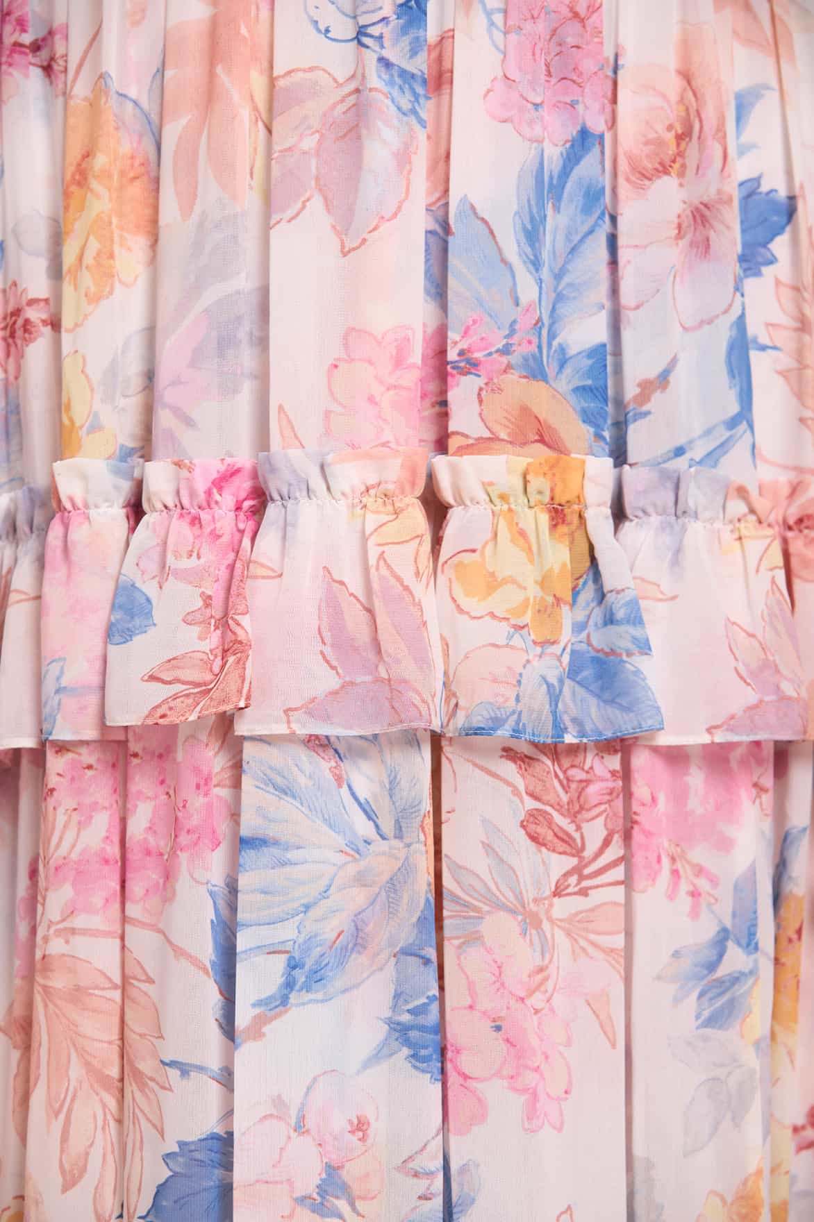 Mariannes Floral Chiffon Strapless Ankle Gown